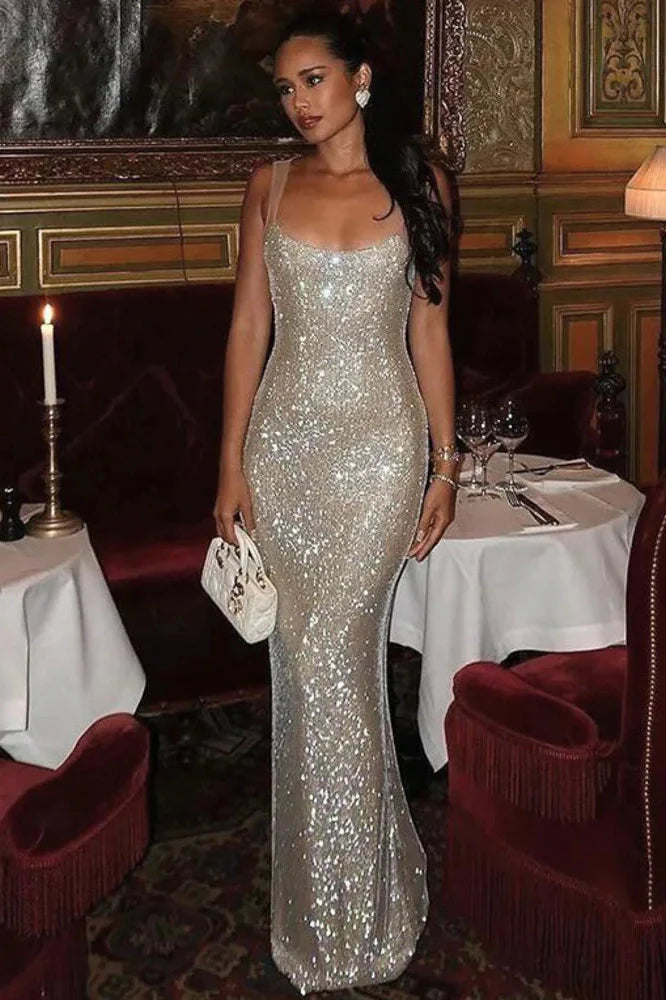 Sleeveless Sparkle Backless High Waist Bodycon Maxi Dress