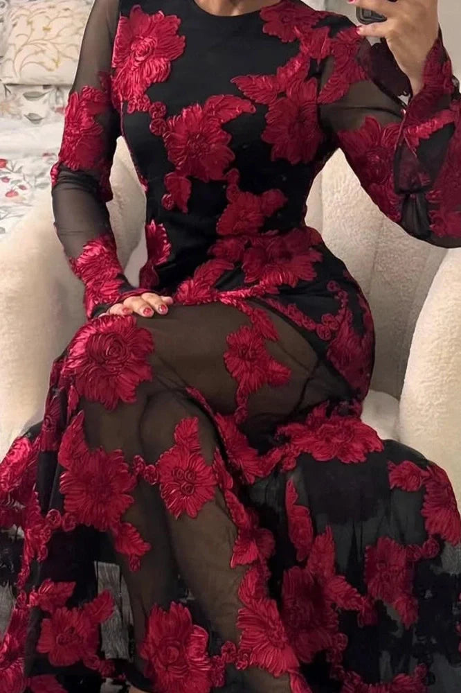 Lace Embroidery Floral Fit See-Through Backless High Waist Maxi Dress