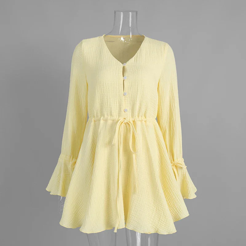 Long Sleeve Lace High Waist V-Neck Loose Mini Dress