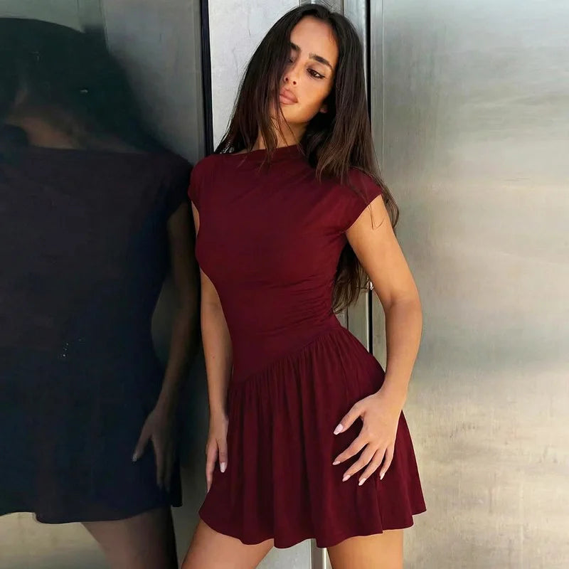 Lace Up Patchwork Elegant Round Neck Mini Dress