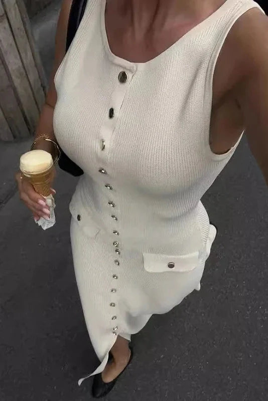 Elegant Sleeveless Single-Breasted Bodycon Knitted Midi Dress