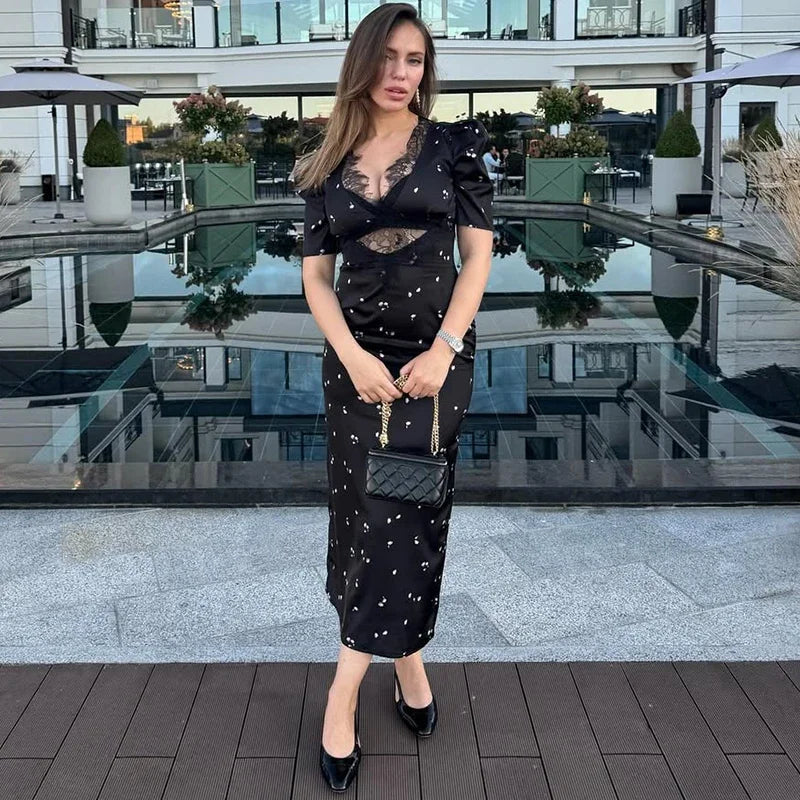 Hollow Lace Short Sleeve Slim Printed Maxi Dress