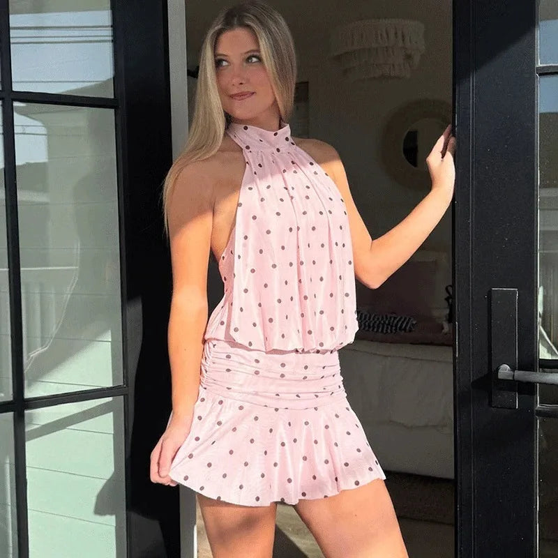 Polka Dot Lace-Up Patchwork Mini Dress