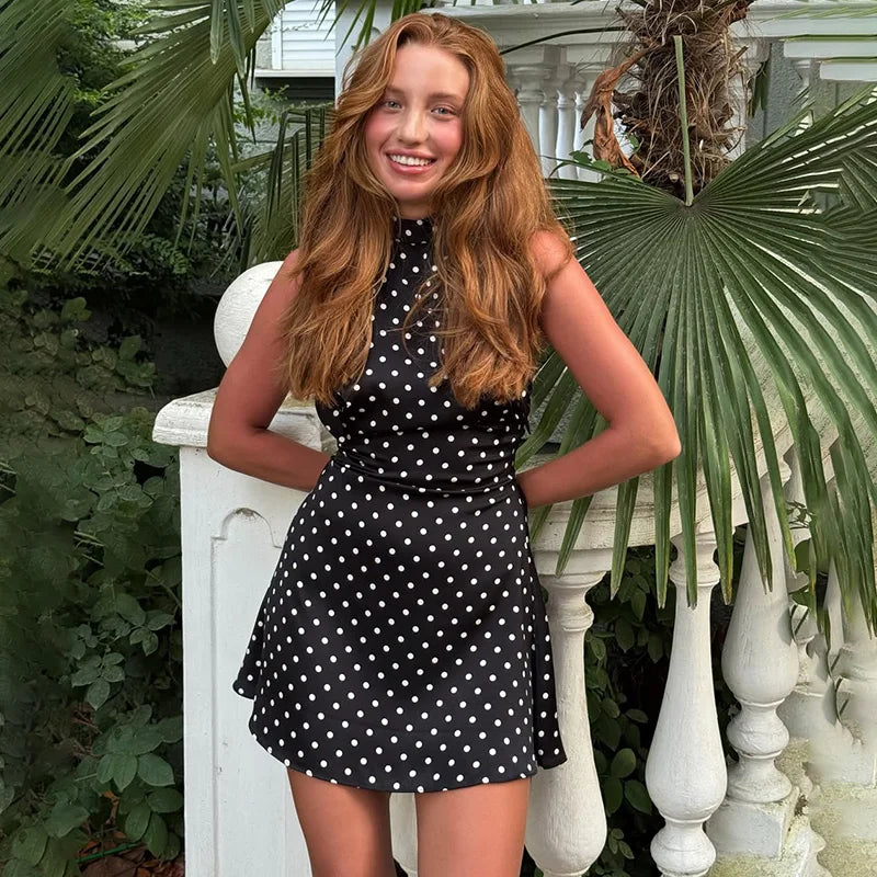 Polka Dot Sleeveless Backless Slim Mini Dress