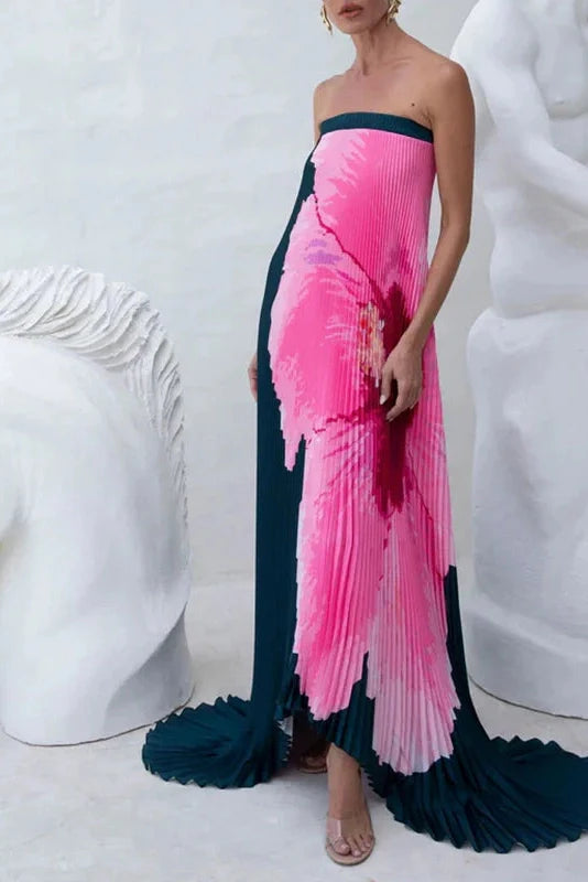 Elegant Strapless Off Shoulder Printed Maxi Dress