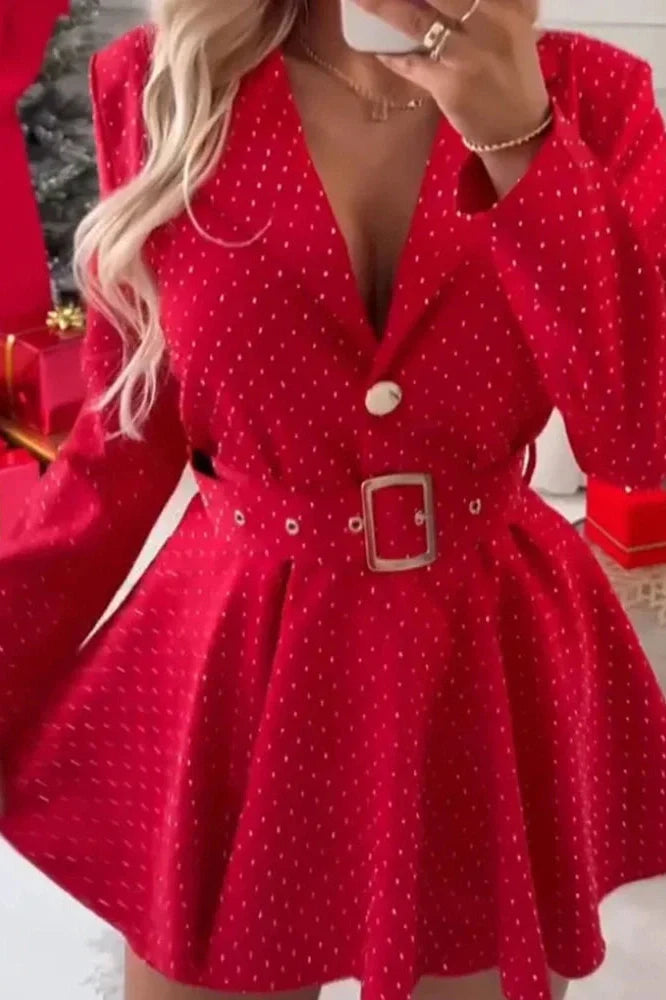 Elegant Long Sleeve Pleated High Waist Slim Printed Mini Dress