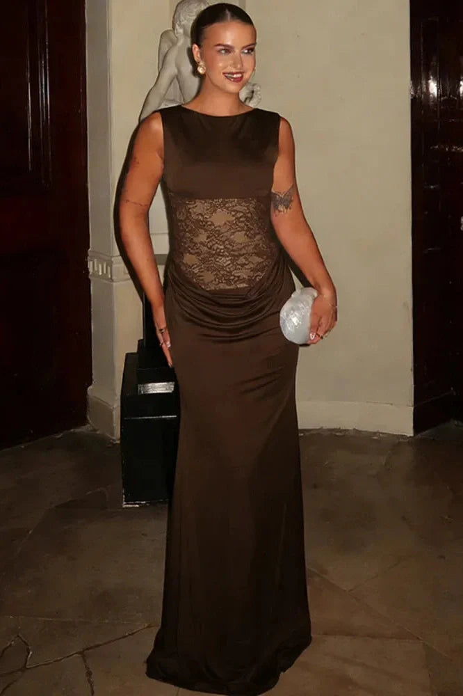 Backless Sleeveless Lace Patchwork High Waist Bodycon Maxi Dress