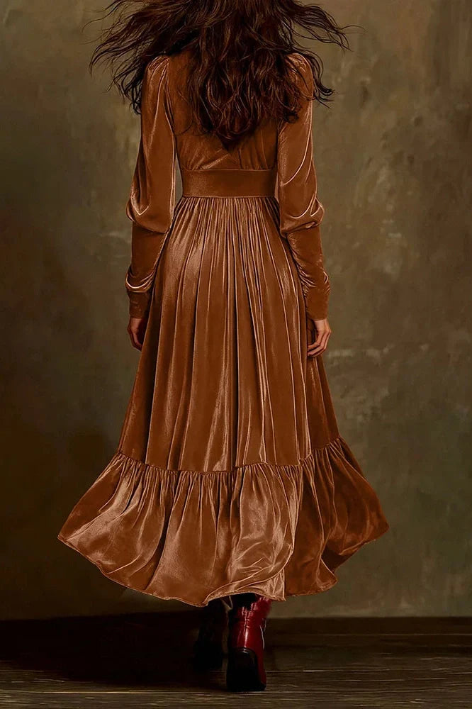 Elegant V-Neck Long Sleeve Pleat Maxi Dress