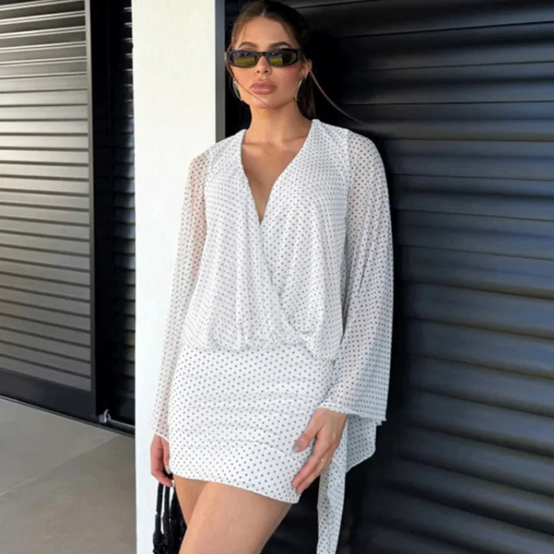 Elegant Polka Dot Lace-Up V-Neck See-Through Mini Dress