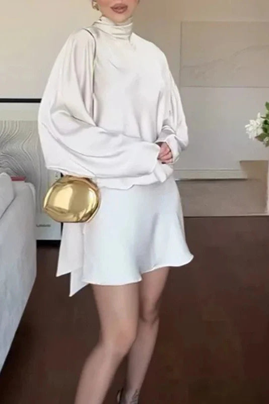 High Waist Pleated Turtleneck Loose Mini Dress