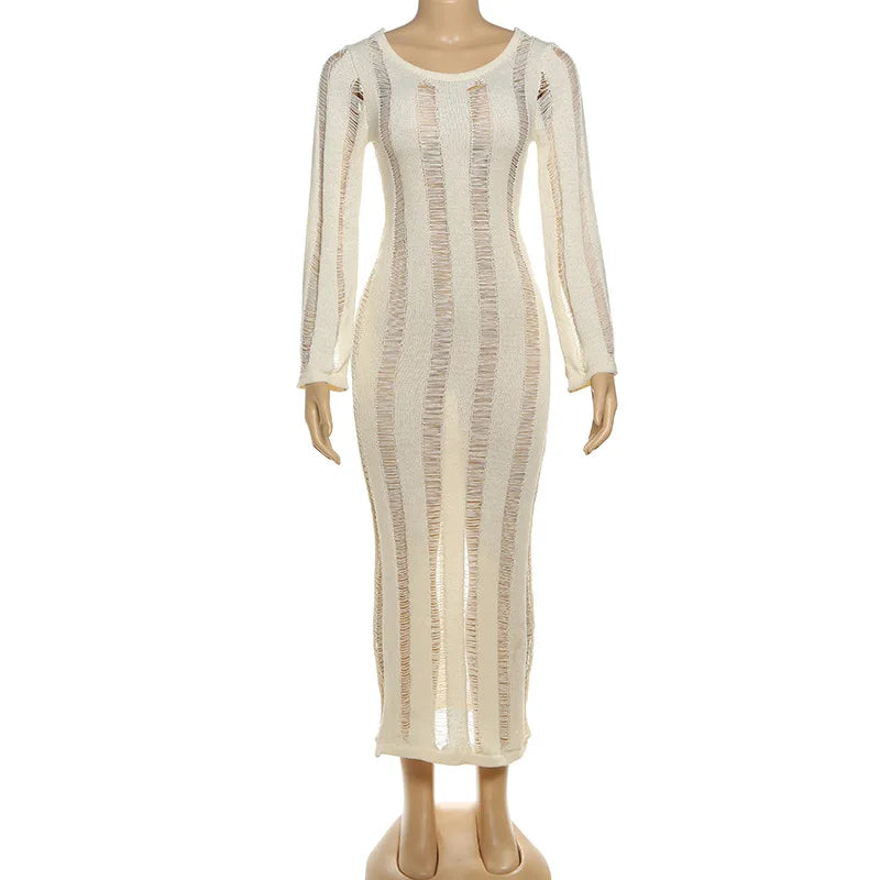 Hollow Out See Through Backless Round Neck Maxi Dress