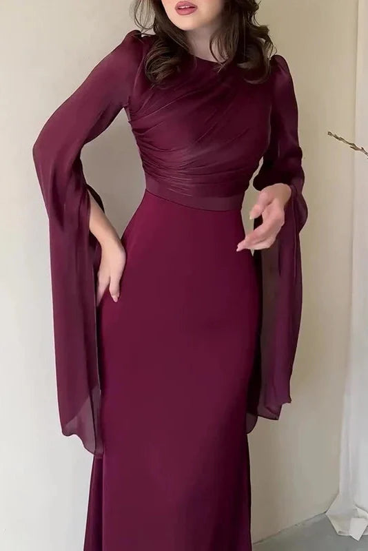 Elegant Flare Sleeve Bodycon Slim O Neck Maxi Dress