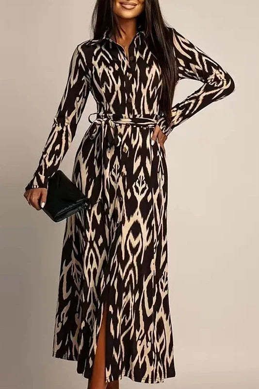 Printed High Waist Long Sleeve Pleat Midi Dress