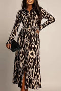 Printed High Waist Long Sleeve Pleat Midi Dress