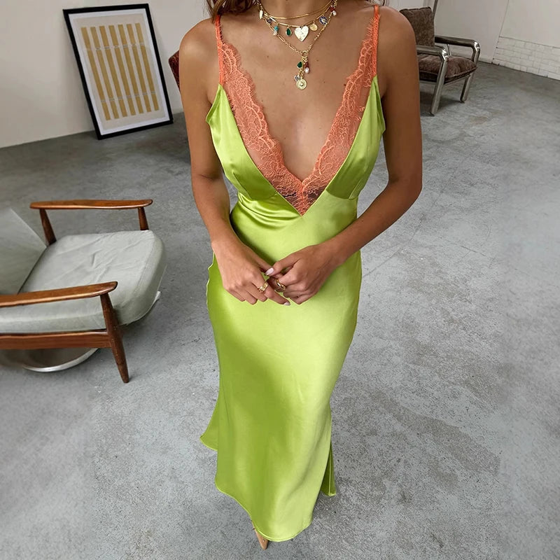 Lace Spaghetti Strap Deep V Neck Bodycon Maxi Dress