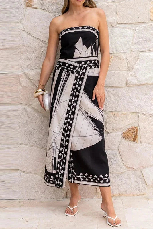 Sleeveless Printed Off-Shoulder Irregular Midi Dress