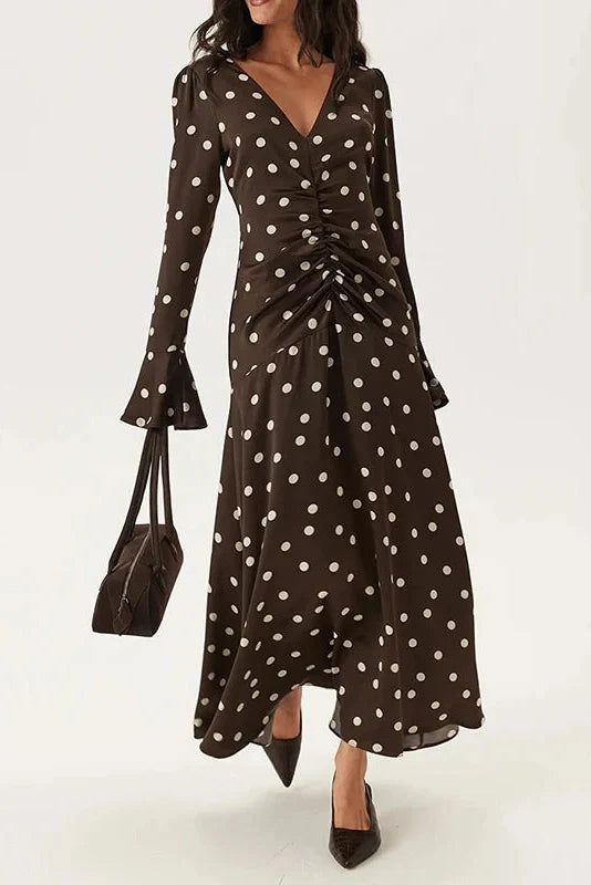 Long Sleeve V-Neck Printed Pleated Maxi Dress
