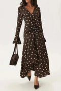 Long Sleeve V-Neck Printed Pleated Maxi Dress