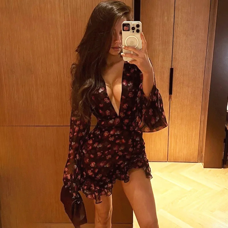 Deep V-Neck See Through Patchwork Mini Dress