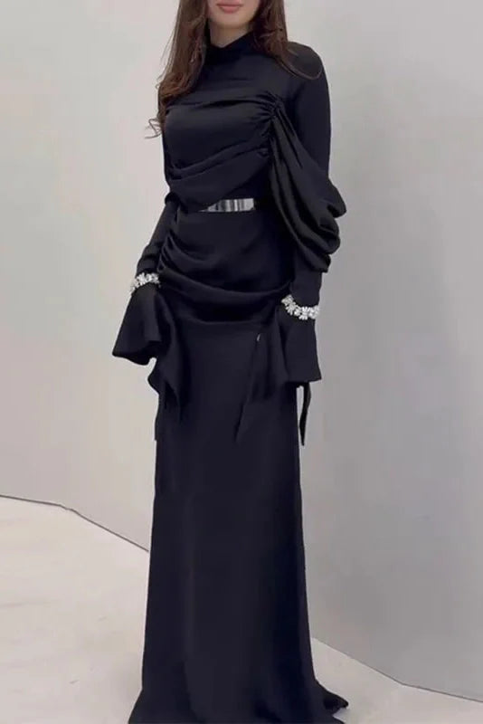 Pleated Slim Long Sleeve High Waist Irregular Maxi Dress