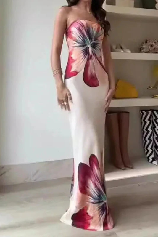 Printed Off Shoulder Slim Backless Strapless Maxi Dress