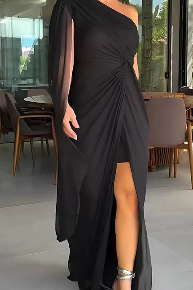 Elegant Slash Collar High Split Maxi Dress