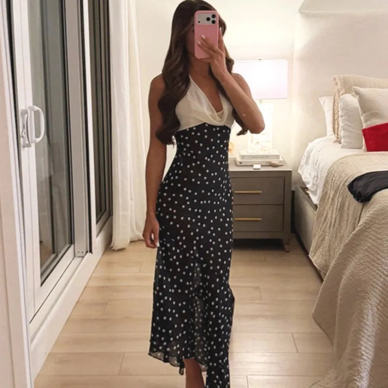 Polka Dot V-Neck Lace-Up Maxi Dress