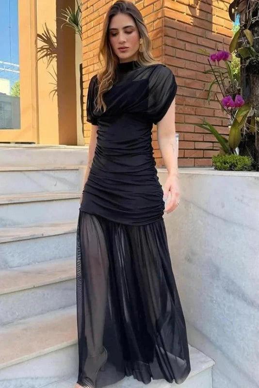 Elegant Pleated Slim Sleeveless Turtleneck Maxi Dress