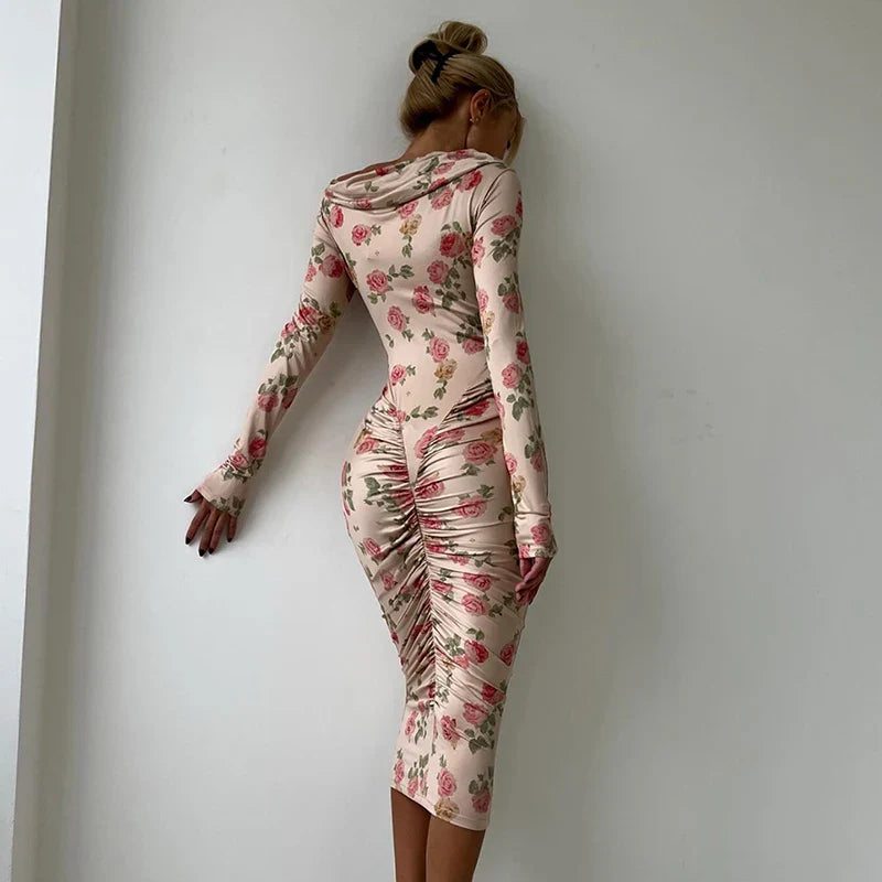 Printed Pleated Long Sleeve Bodycon Midi Dress
