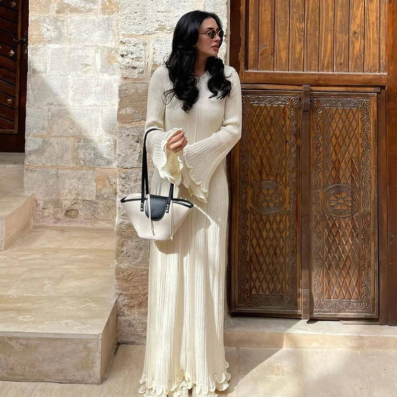Knit Lace-Up Long Sleeve Loose Pleated Maxi Dress