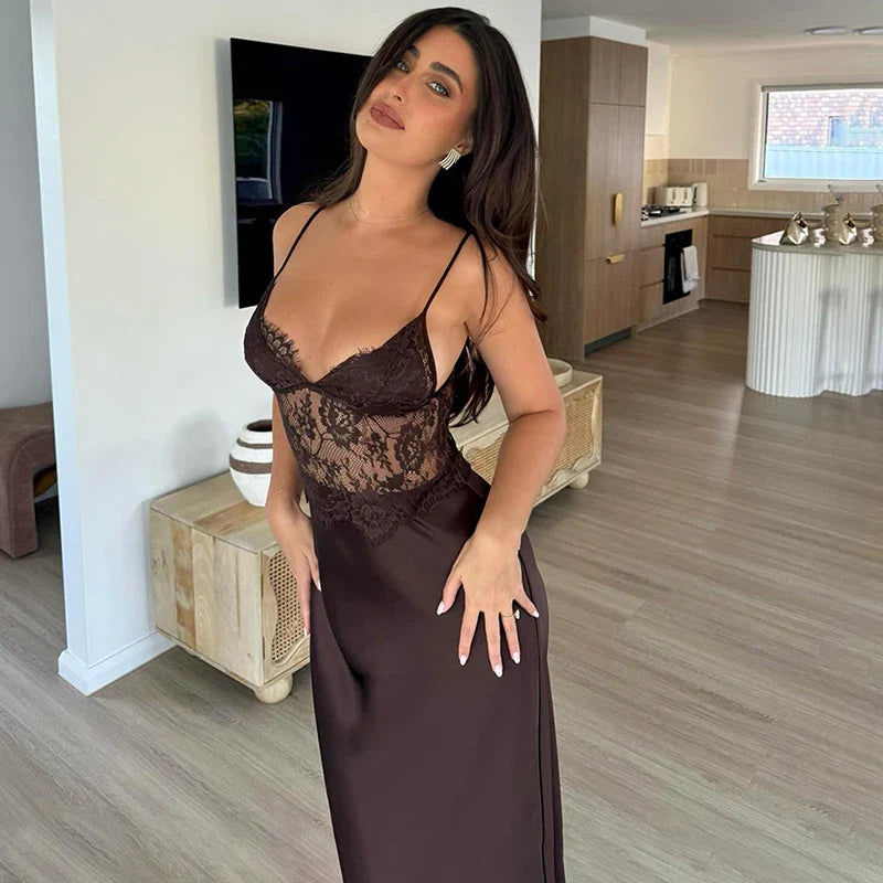 Lace Spaghetti Strap V Neck  Backless Maxi Dress
