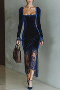Lace Square Neck Bodycon Slim Long Sleeve Midi Dress