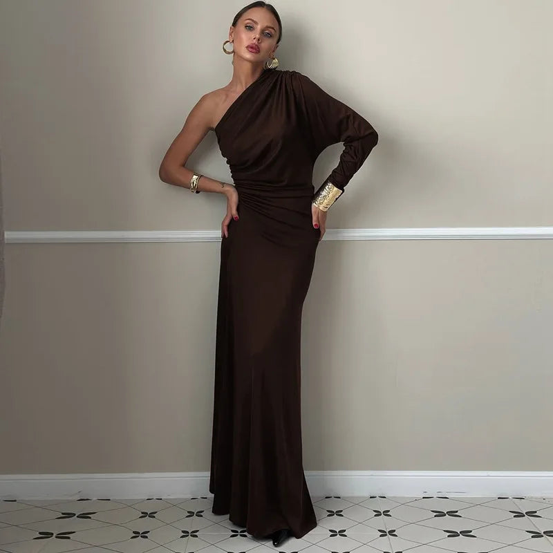 Diagonal Collar One-Shoulder Long Sleeve Maxi Dress