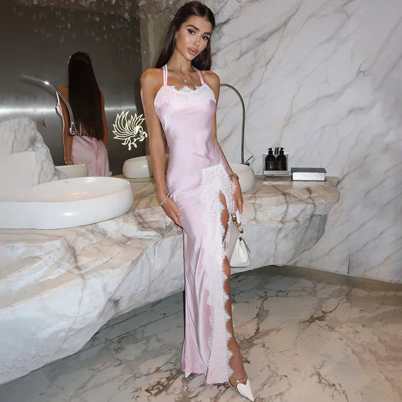 Backless Spaghetti Strap Lace Up Slim Maxi Dress