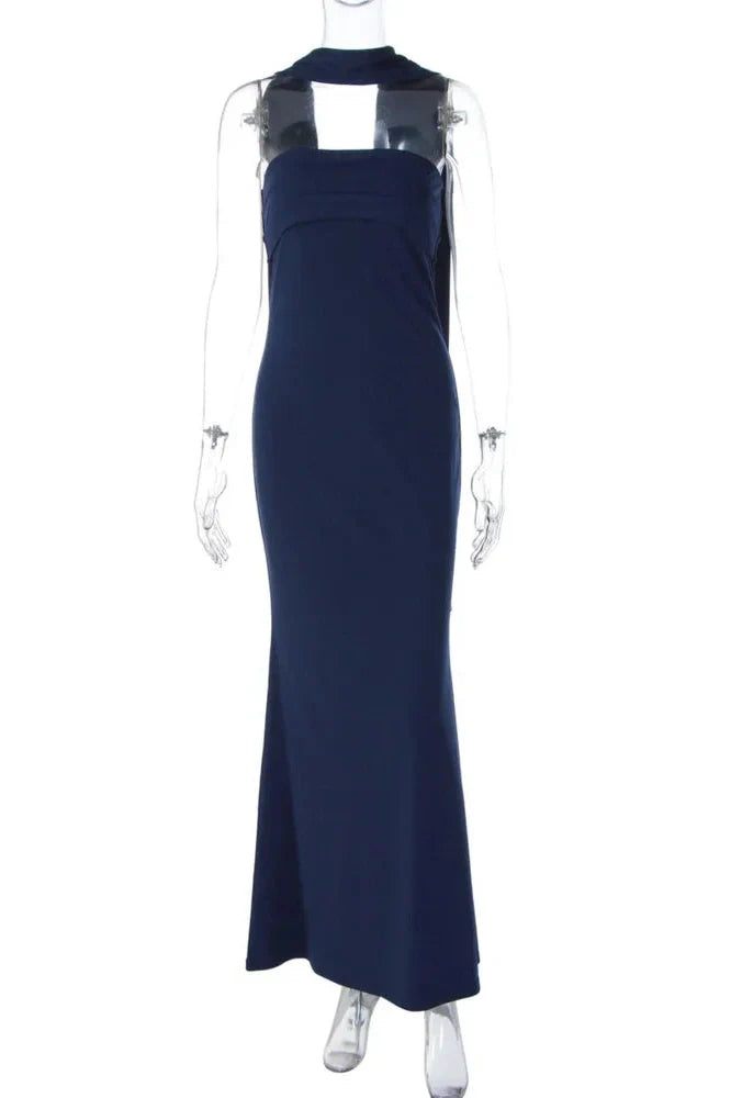 Off-Shoulder Strapless Scarf Collar Sleeveless Backless Bodycon Maxi Dress