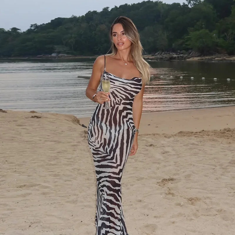 Printed  Spaghetti Strap Lace Up Maxi Dress