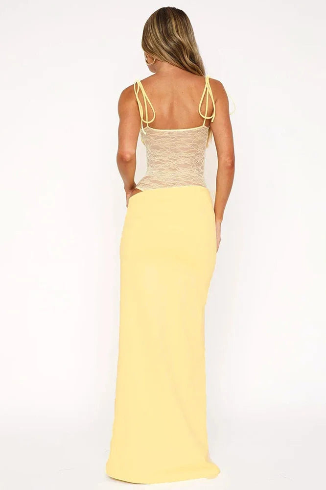 Hollow Out Lace Spaghetti Strap Lace Up Waist Slim Sleeveless Maxi Dress