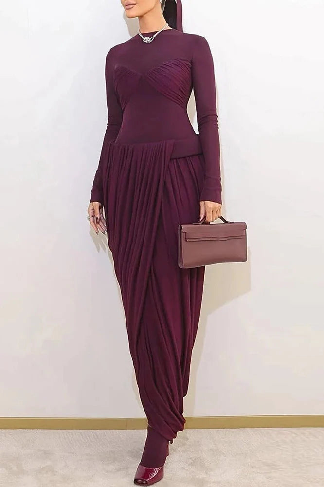 Elegant High Waist O-Neck Pleated Irregular Maxi Dress