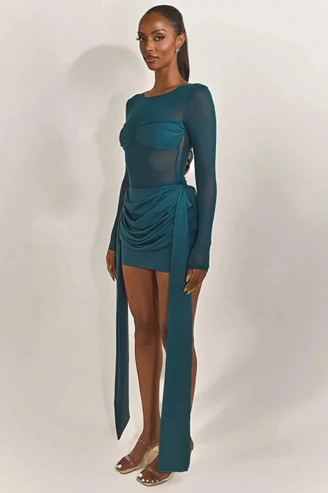 Patchwork See Through Long Sleeve Mini Dress