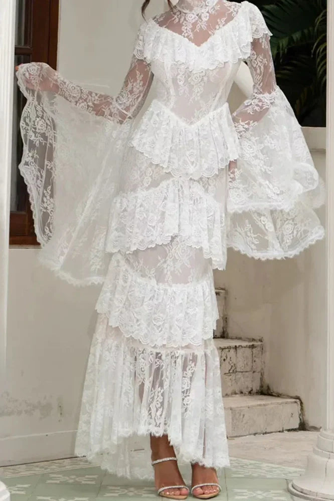 Long Sleeve Lace Embroidery High Waist Maxi Dress