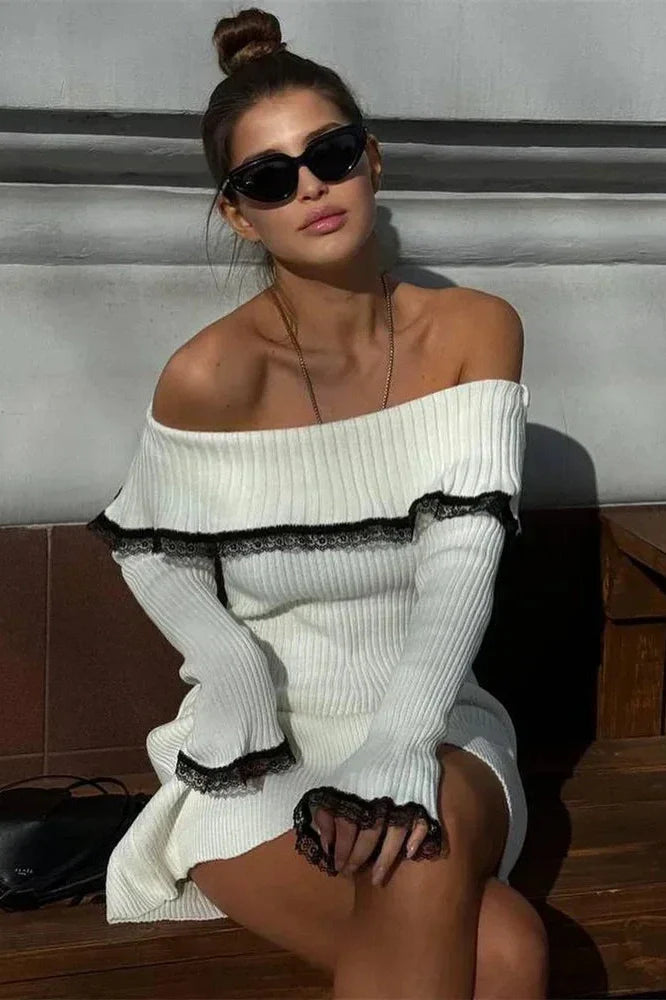 Off-Shoulder Lace Patchwork Slim Backless Mini Dress