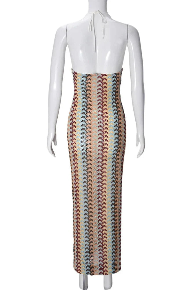 Striped Knitted Backless Slim Maxi Dress
