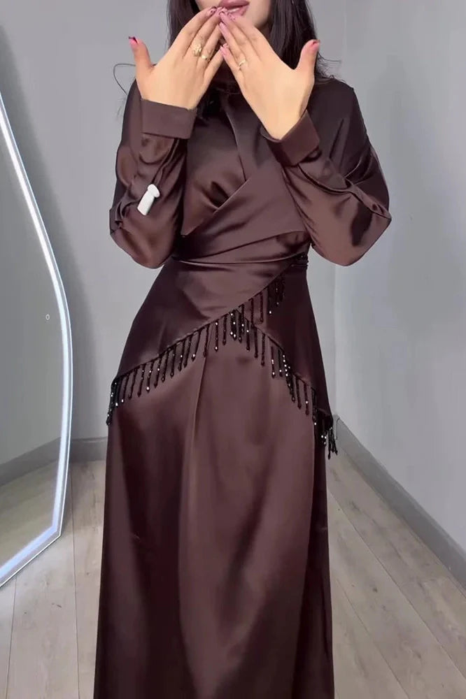 Long Sleeve Pleat Lace-Up Loose 2-Piece Irregular Maxi Dress