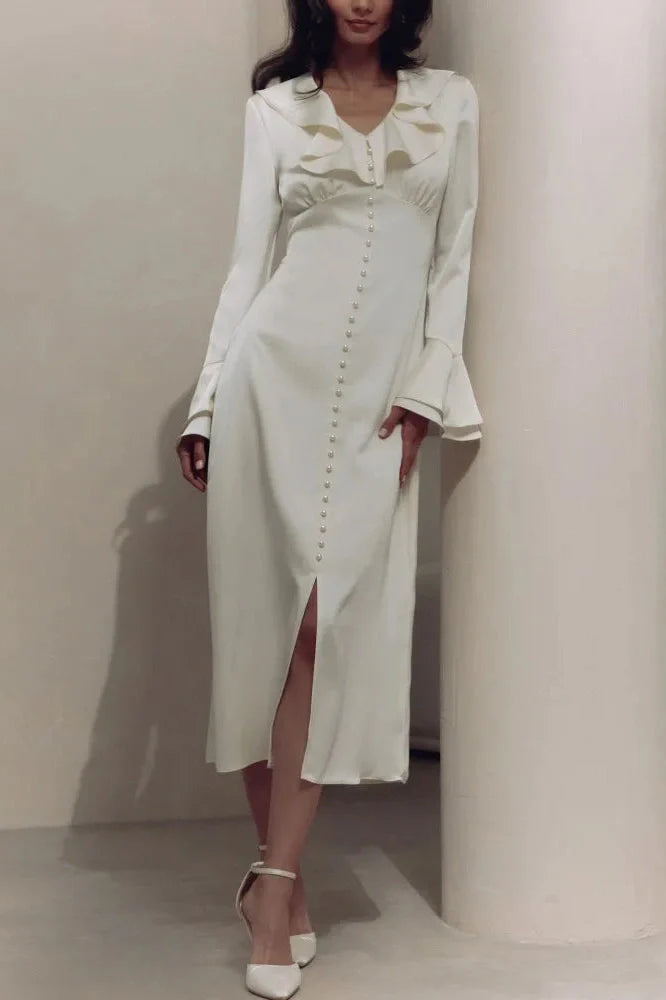 Elegant V Neck Slim Long Sleeve High Waist Midi Dress