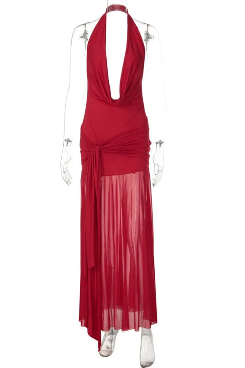 Backless Deep V Neck Sleeveless High Split Maxi Dress