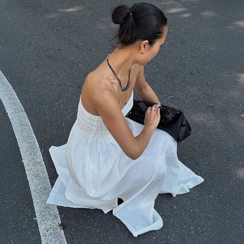 Strapless Off Shoulder High Waist Pleated Maxi Dress