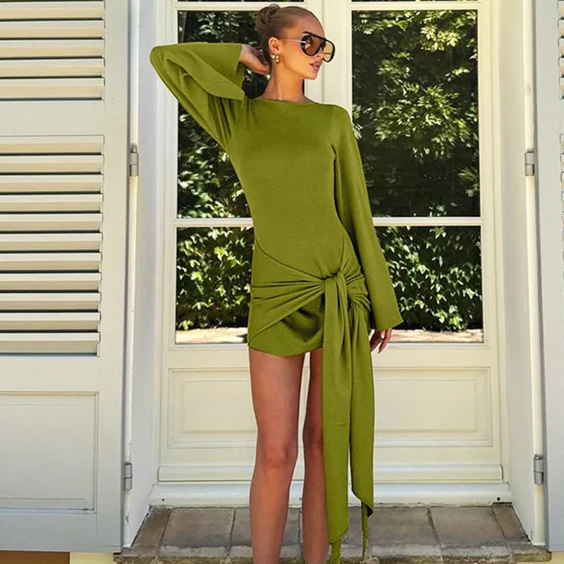 Long Sleeve Patchwork Round Neck High Waist Mini Dress