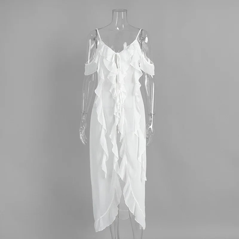 V Neck See-Through Sleeveless Irregular Midi Dress