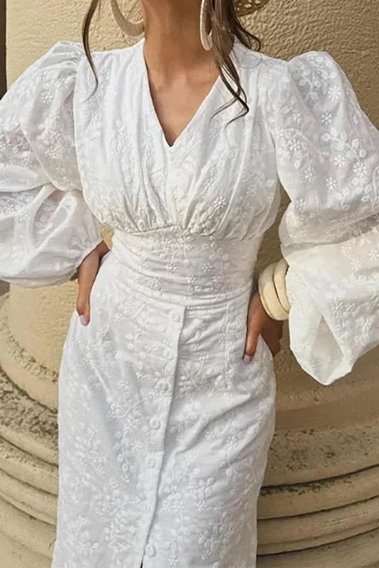Elegant Hollow Out V-Neck High Waist Lantern Sleeve Maxi Dress