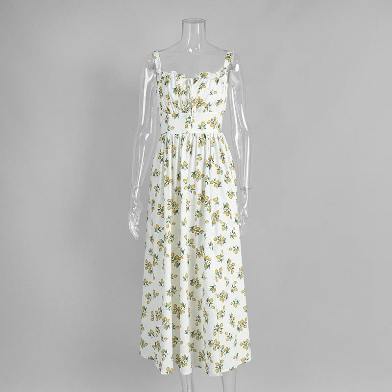 Printed Lace Up High Waist Maxi Dress